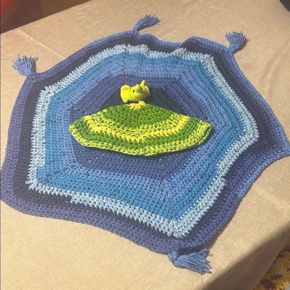 Handmade Blue Crochet Blanket with green Elephant lovey